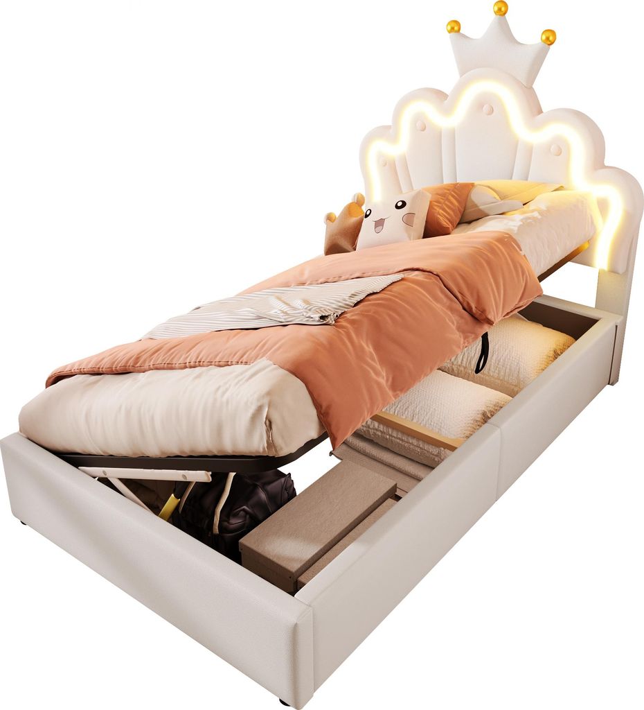 Prinzessinbett mit LED-Beleuchtung und Stauraum, 90x200cm, höhenverstellbarer Kopfteil, Mädchenbett, Polsterbett für Mädchen, Einzelbett