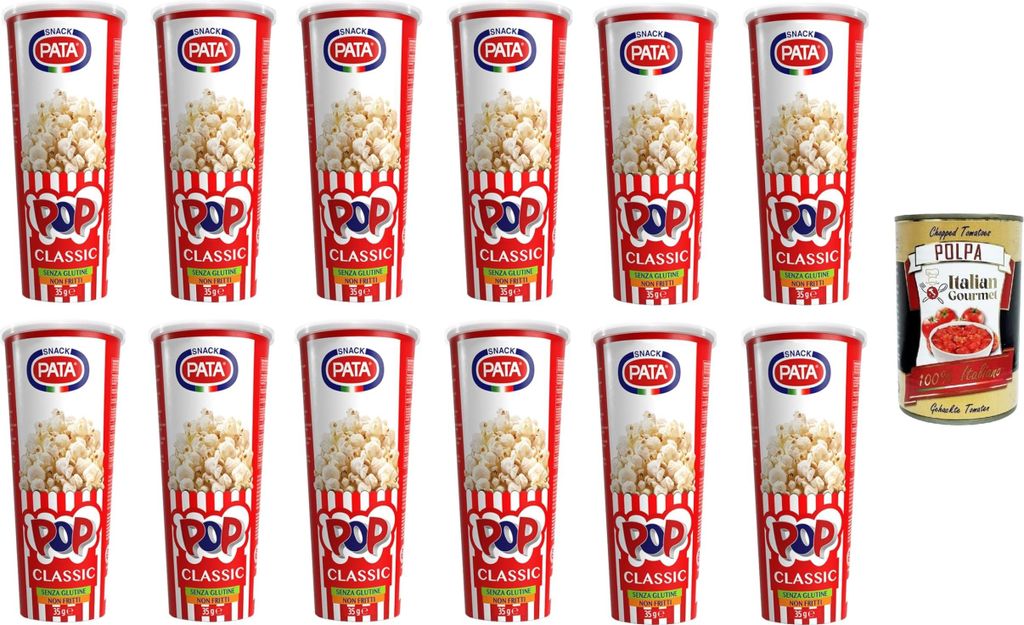Pata Pop Classic- Popcorn Non fritti Nicht frittiertes Popcorn 12x35gr + Italian Gourmet Polpa 400g