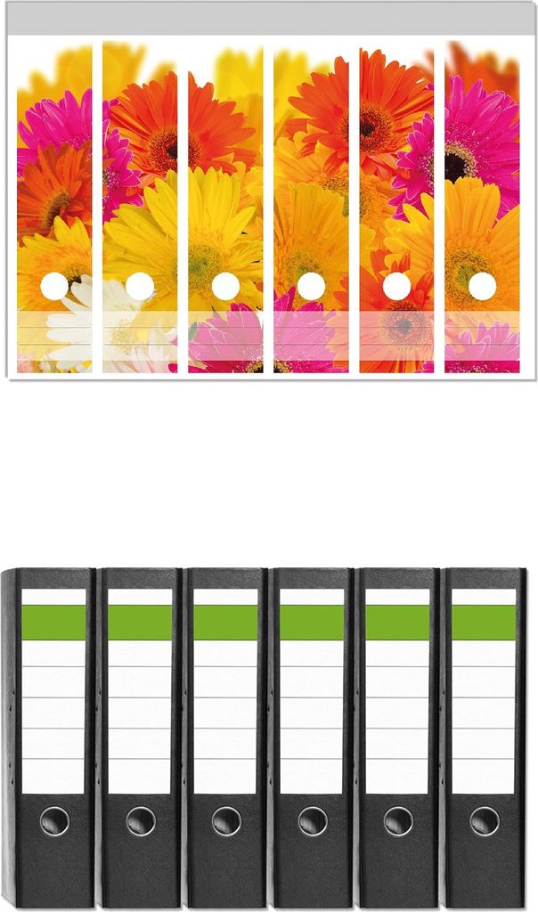 Wallario 6 Stück breite Ordner inkl. Klebeetiketten mit Motive Bunte Gerberas - pinke, gelbe, rote und weiße Blüten - Set mit Rückenschildern ...