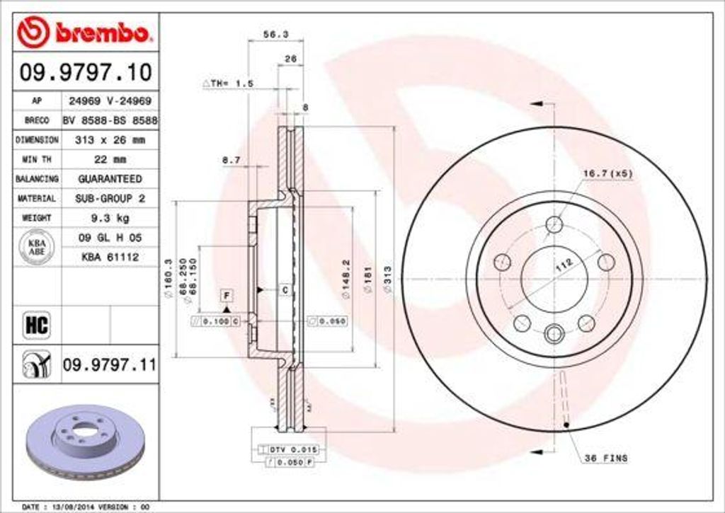 BREMBO 09.9797.11 Bremsscheibe OE 1108038 kompatibel mit Transporter IV, Sharan, Alhambra, Galaxy