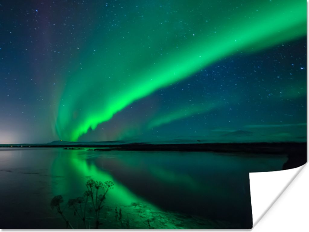 MuchoWow Poster Nordlicht - Island - Sternenhimmel - Grün - Wasser 40x30 cm - Plakate für die Wände - Poster Wohnzimmer