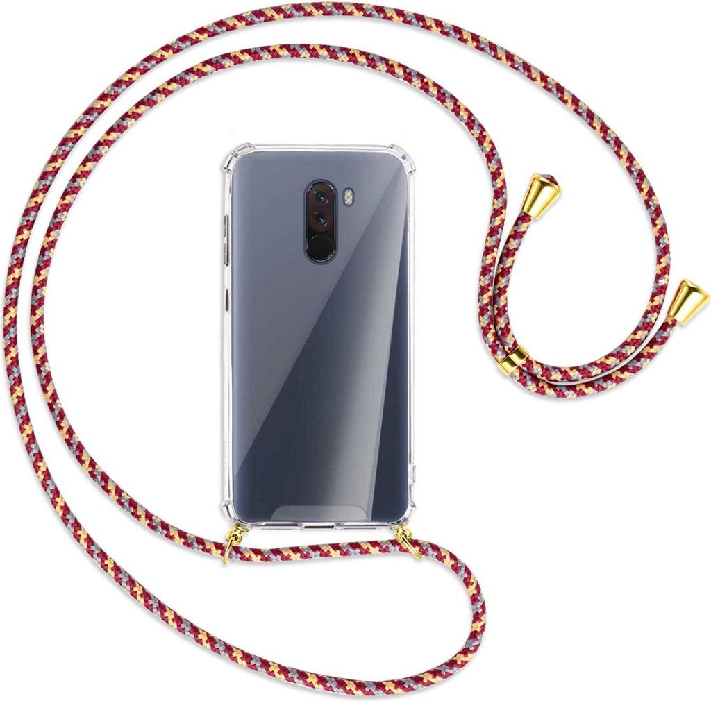 Handykette Backcover-Schutzhülle mit Band (Metall goldfarben) für Xiaomi Pocophone F1 / Poco F1 - weinrot/gelb/grau