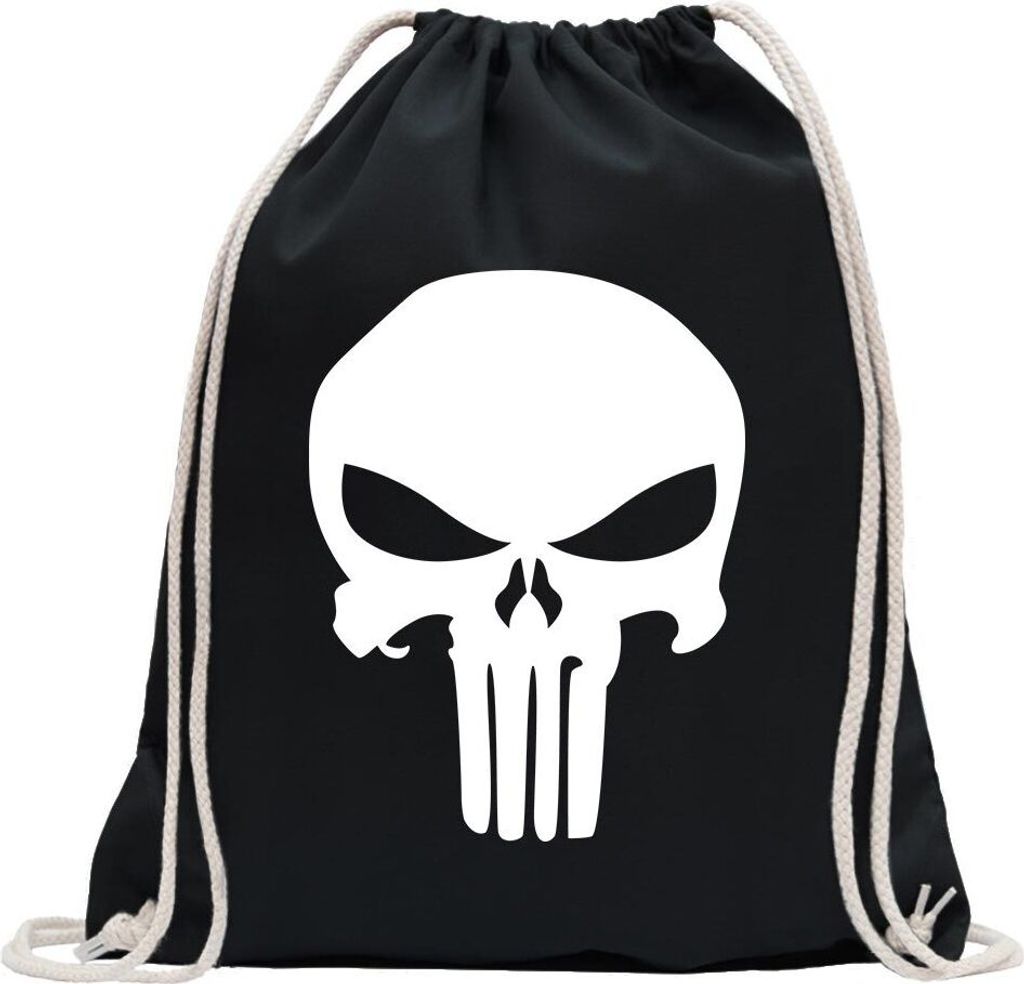Kiwistar - Turnbeutel - schwarz - Totenkopf - Fun Rucksack Sport Beutel Gymsack Baumwolle mit Ziehgurt