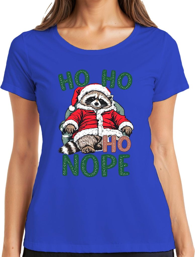 HO HO HO NOPE Waschbär Weihnachten Weihnachtsmann lustig Geschenk Damen T-Shirt, Blau, S