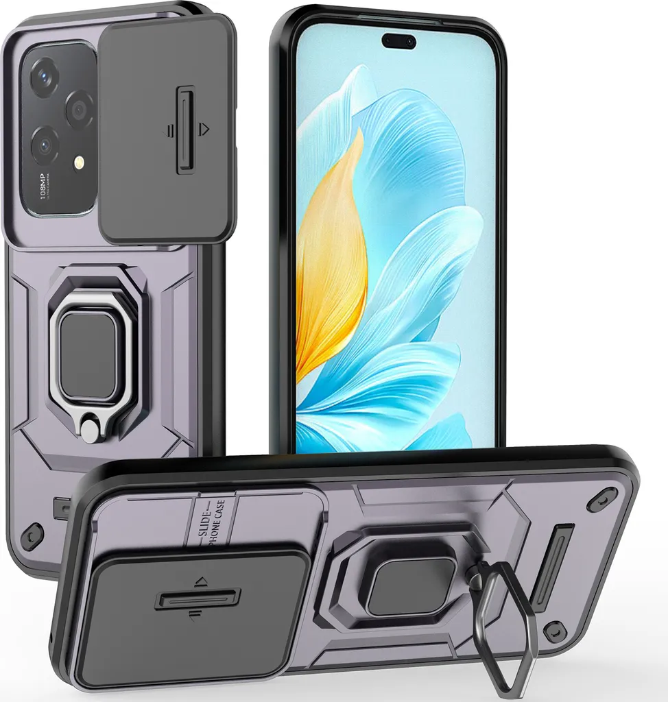 Custodia per Honor 200 Lite a doppio strato con protezione scorrevole per la fotocamera e supporto ad anello, supporto Viola