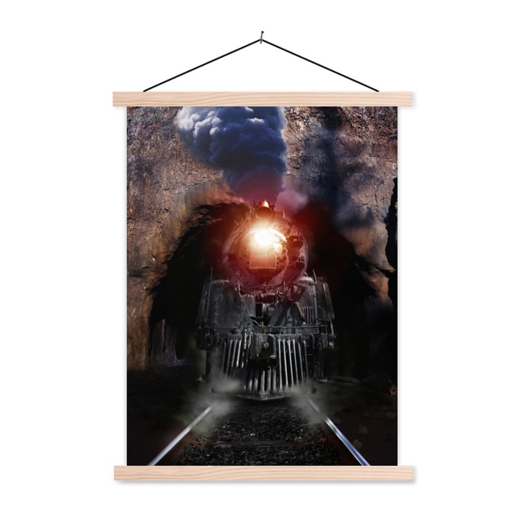 MuchoWow Textilposter Dampfzug, der aus einem Tunnel kommt 40x53 cm mit holzfarbenen Rahmen - Schlafzimmer