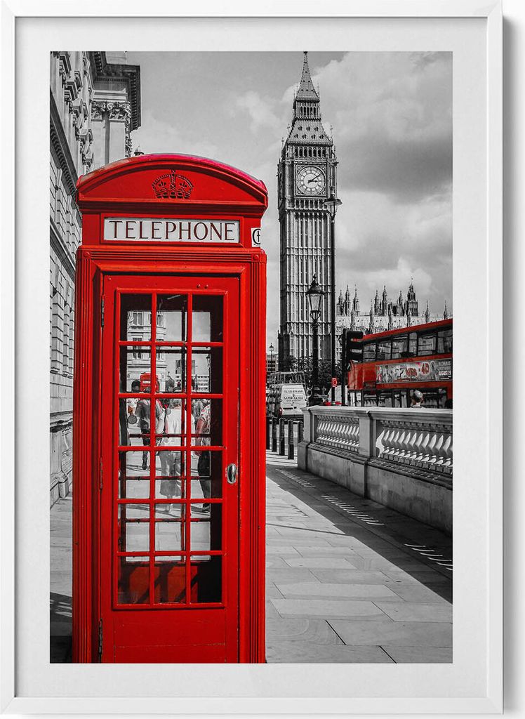 Schwarze Telefonzelle und Big Ben - Vereinigtes Königreich– Wandbild mit Rahmen – Gerahmtes Bild – Wanddekoration – 70x100 cm – Weiß ...