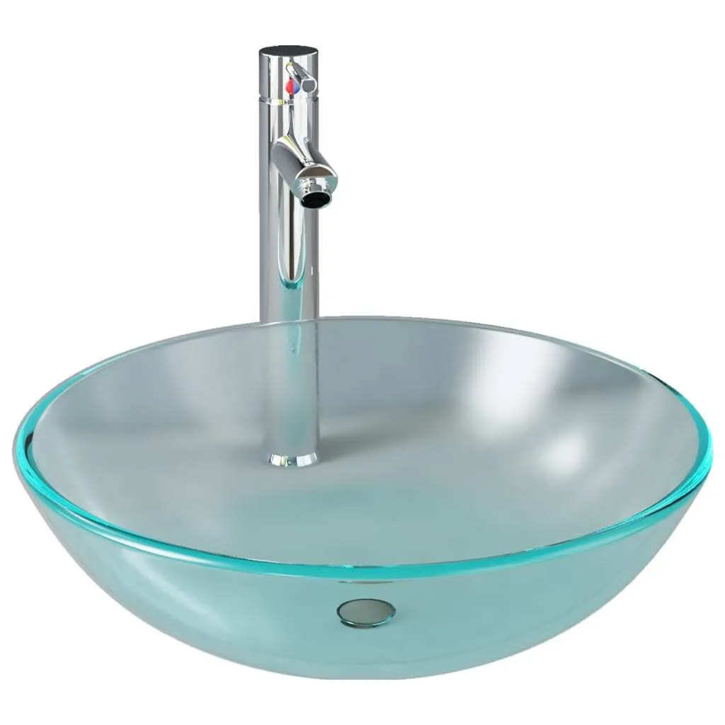 Lavabo Bagno in Vetro Temperato Satinato con Rubinetto e Scarico Pop-up