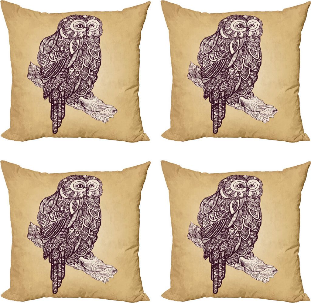 ABAKUHAUS Eule Kissenbezug Set (4 Stück), Vogel Vintage Style, Moderner Doppelseitiger Digitaldruck, 40 cm x 40 cm, Seal Brown Off White