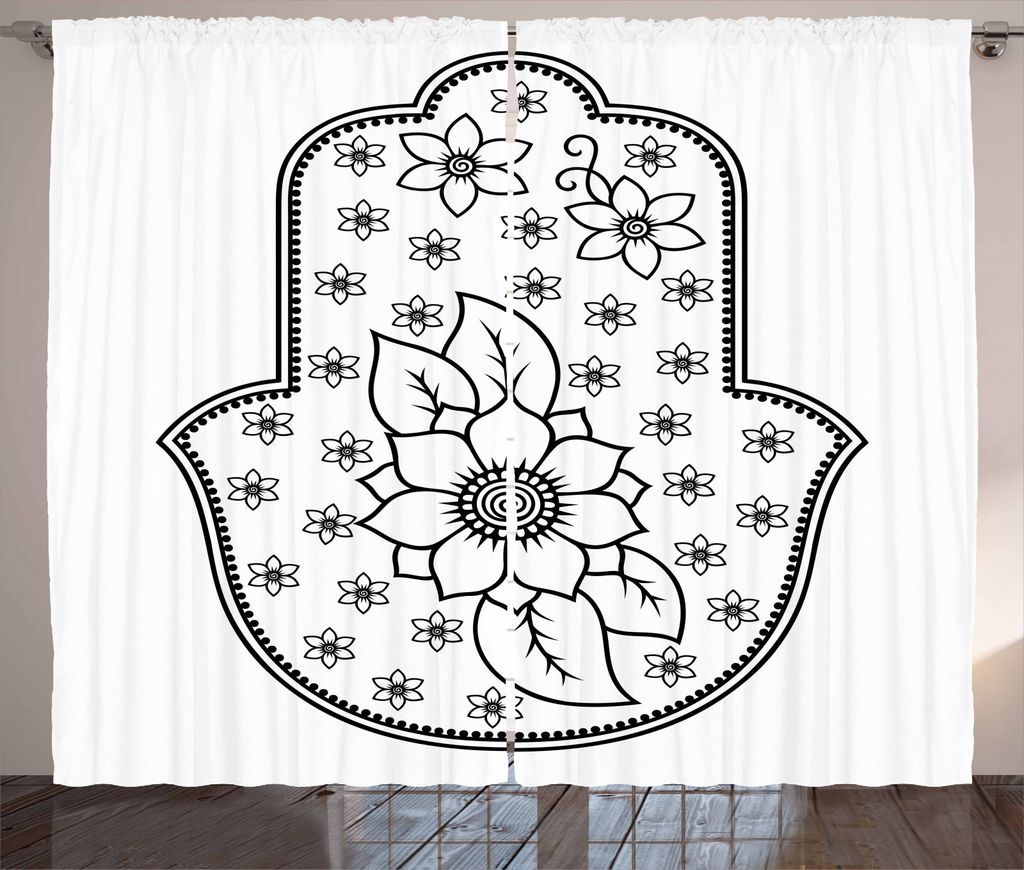ABAKUHAUS Hamsa Rustikaler Gardine, Lotus, Schlafzimmer Kräuselband Vorhang mit Schlaufen und Haken, 280 x 245 cm, Weiß Schwarz