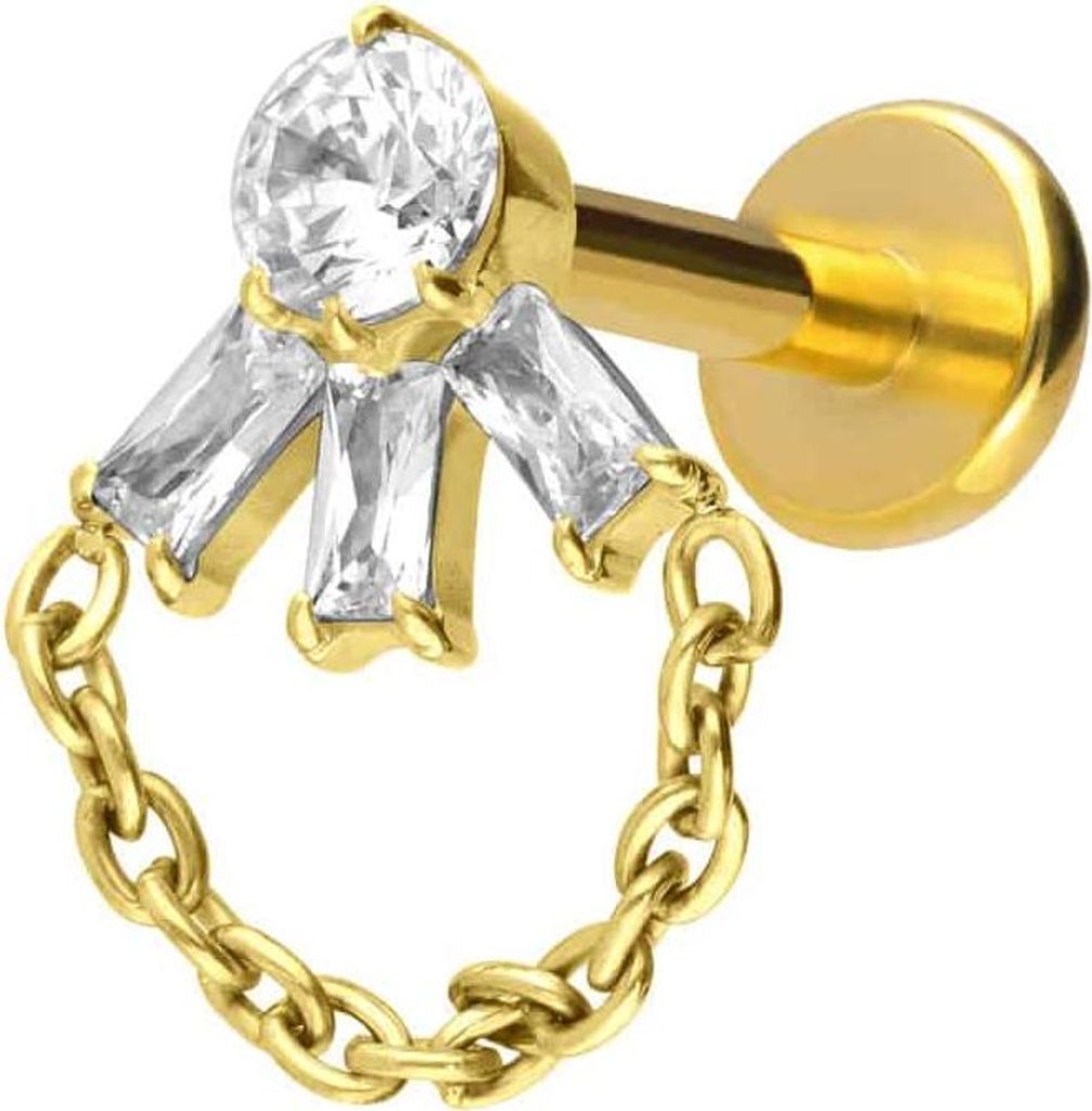 Ohrpiercing, Nasenpiercing Titan Labret mit Push Fit LOTUSBLÜTE + KETTE Gold Stablänge: 9mm | Stabstärke: 1,2mm
