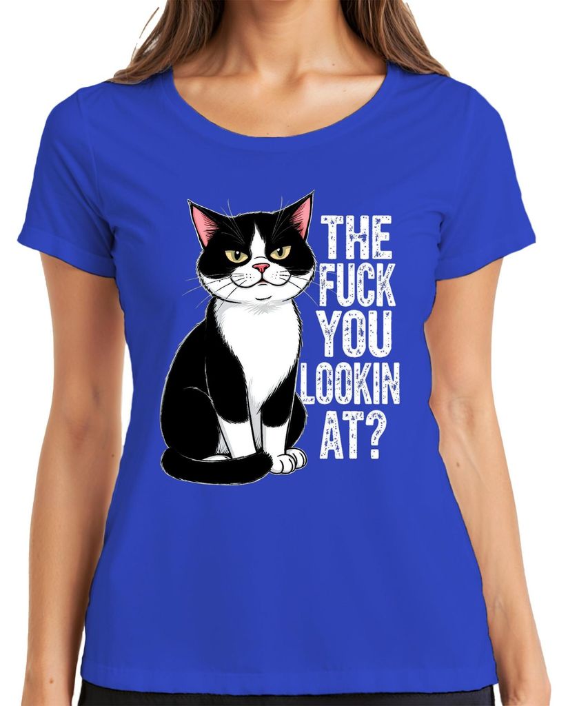 The Fuck You Lookin At Tuxedo Cat Grumpy Sarcastic Geschenk Damen T-Shirt, Blau, M