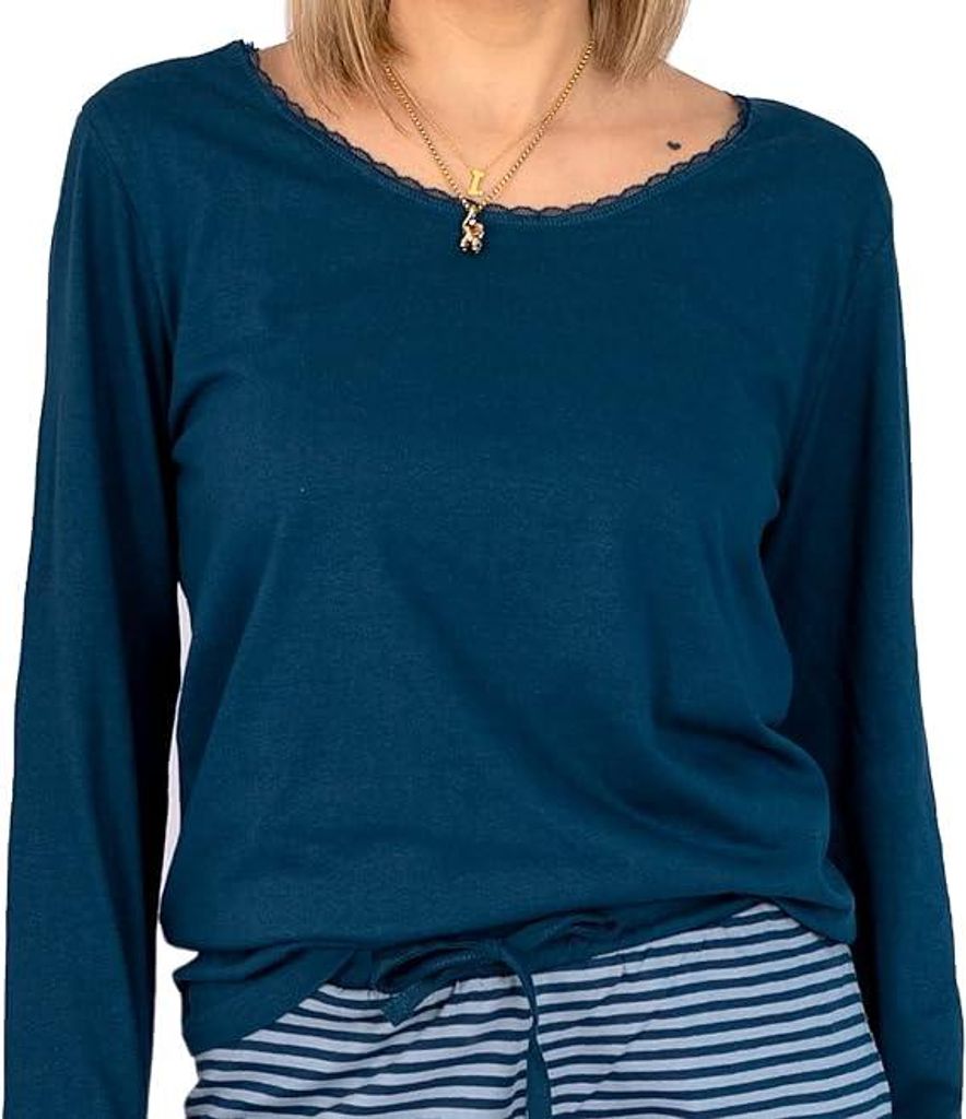 Moonline nightwear Simone Damen Schlafanzug, M (40/42), petrol-gestreifte Hose