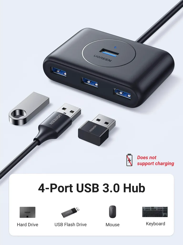 Ugreen 20290 Hub USB 3.2 Gen 1 4 Porte - Estensione Cavo 0,5m Nero - 3