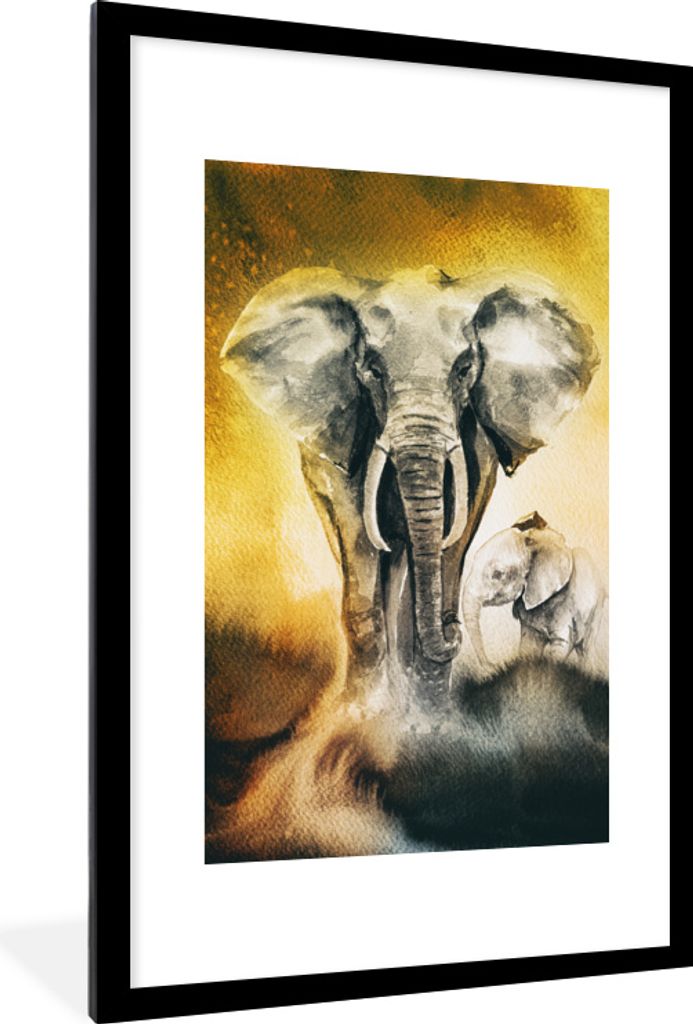 MuchoWow MuchoWow Gerahmtes Poster Elefant - Aquarellfarbe - Gelb 60x90 cm - Poster mit zchwarzem Bilderrahmen - Dekoration - Wandposter Wohnzi...