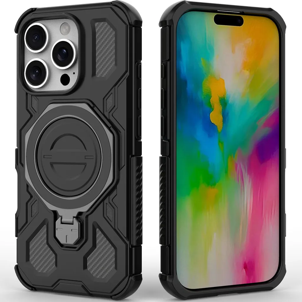 Cover iPhone 16 Pro Robusta con Anello Magnetico e Supporto Nero