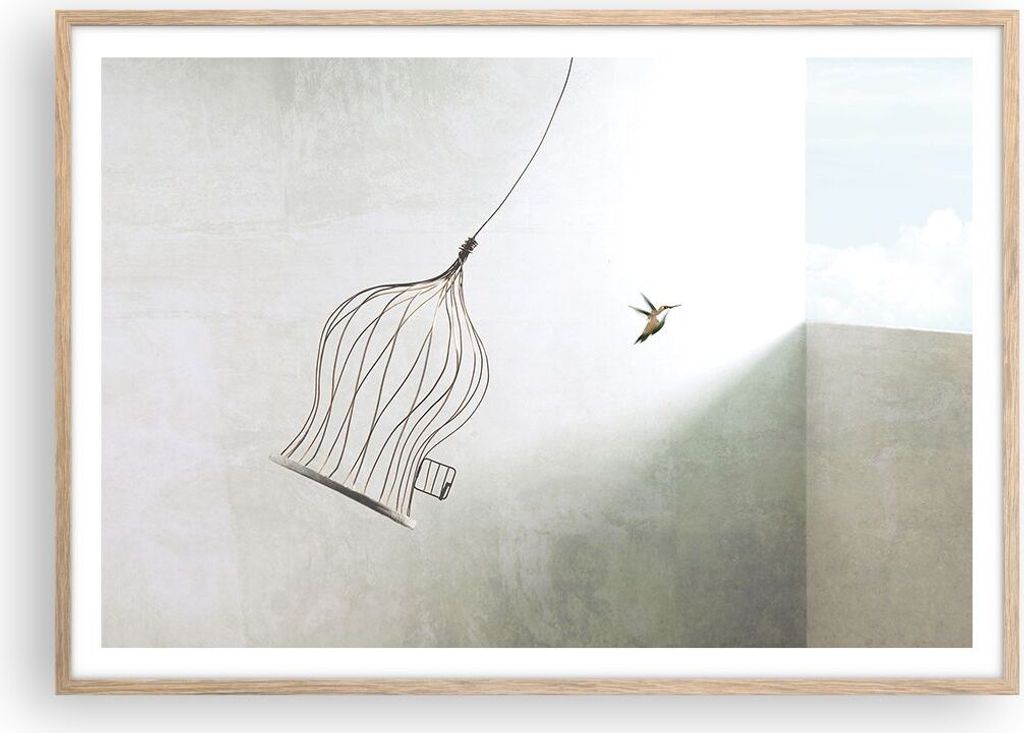 Gerahmtes Poster - Rahmen in heller Eiche - Flug Vogel Käfig - 100x70 cm - Wand Bild - Wanddeko - Wandbilder - Kunstposter - Wandposter - Bilderra...