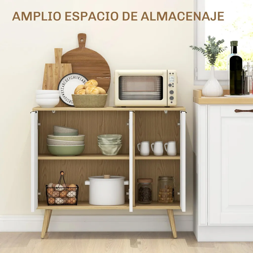 Commode Buffet avec Tablettes Réglables en Bois Blanc et Finition Chêne - 4