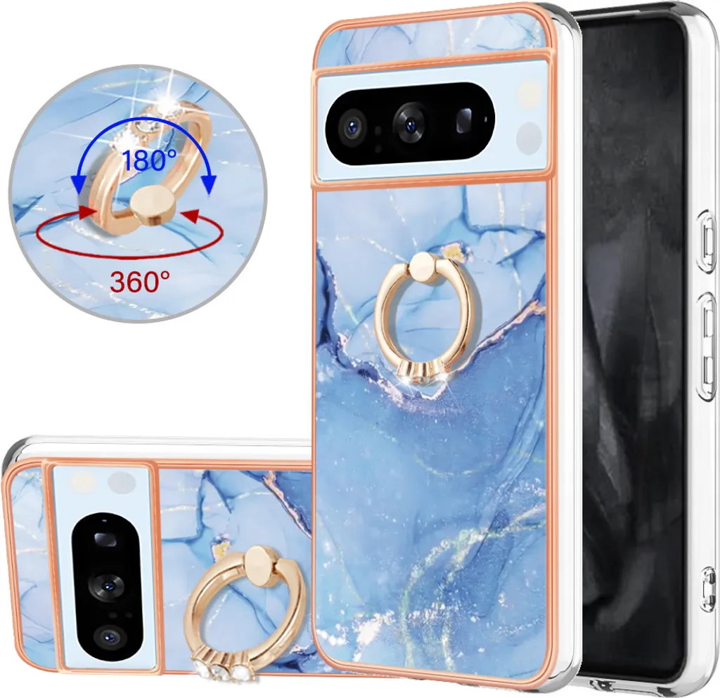 Custodia per Google Pixel 8 Pro, custodia protettiva in silicone TPU a fantasia con supporto ad anello Azzurro