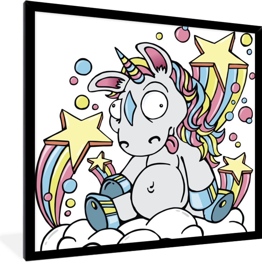 MuchoWow Gerahmtes Poster Eine Illustration eines weißen Einhorns auf einer Wolke - Mädchen - Kinder - Kinder 40x40 cm - Poster mit Schwarzem B...