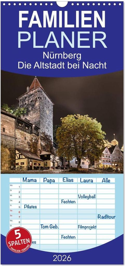 Familienplaner 2026 - Nürnberg - Die Altstadt bei Nacht mit 5 Spalten (Wandkalender, 21 x 45 cm) CALVENDO
