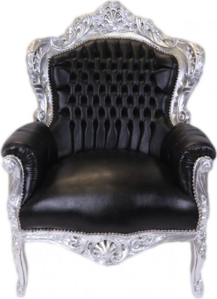 Casa Padrino Barock Sessel King Schwarz / Silber Lederoptik - Möbel Antik Stil