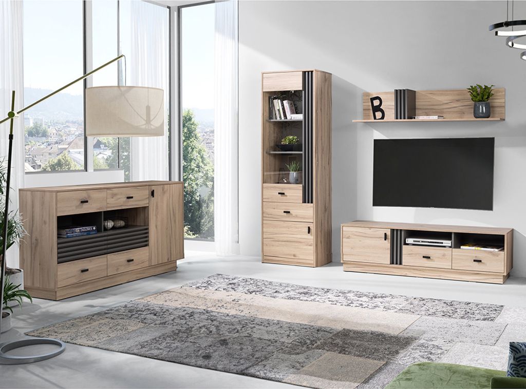 Wohnzimmermöbel-Set mit Lowboard, Vitrine & Sideboard in Eiche Nb., modern 4-teilig ANTIGUA-133