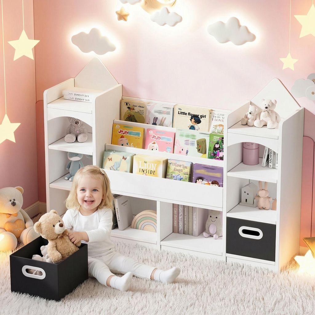 Merax Kinderregal, Bilderbuchregal & Kinderbuchregal mit 2 klappbaren Aufbewahrungsboxen, Kinderschrank für Kinderzimmer, Spielzeugaufbewahrung, W...