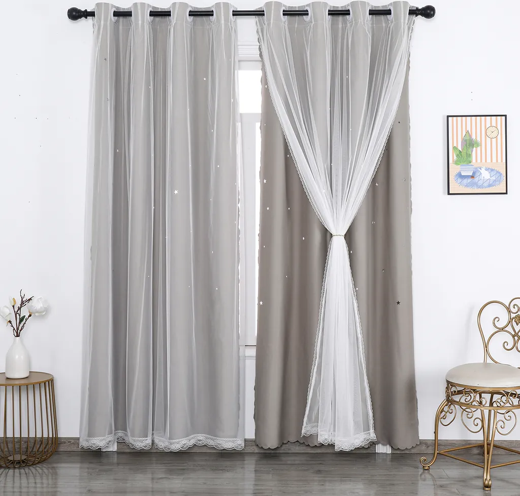 Tenda a stella a doppio strato in voile opaco con occhielli per la camera da letto dei bambini, grigio, 130x243cm