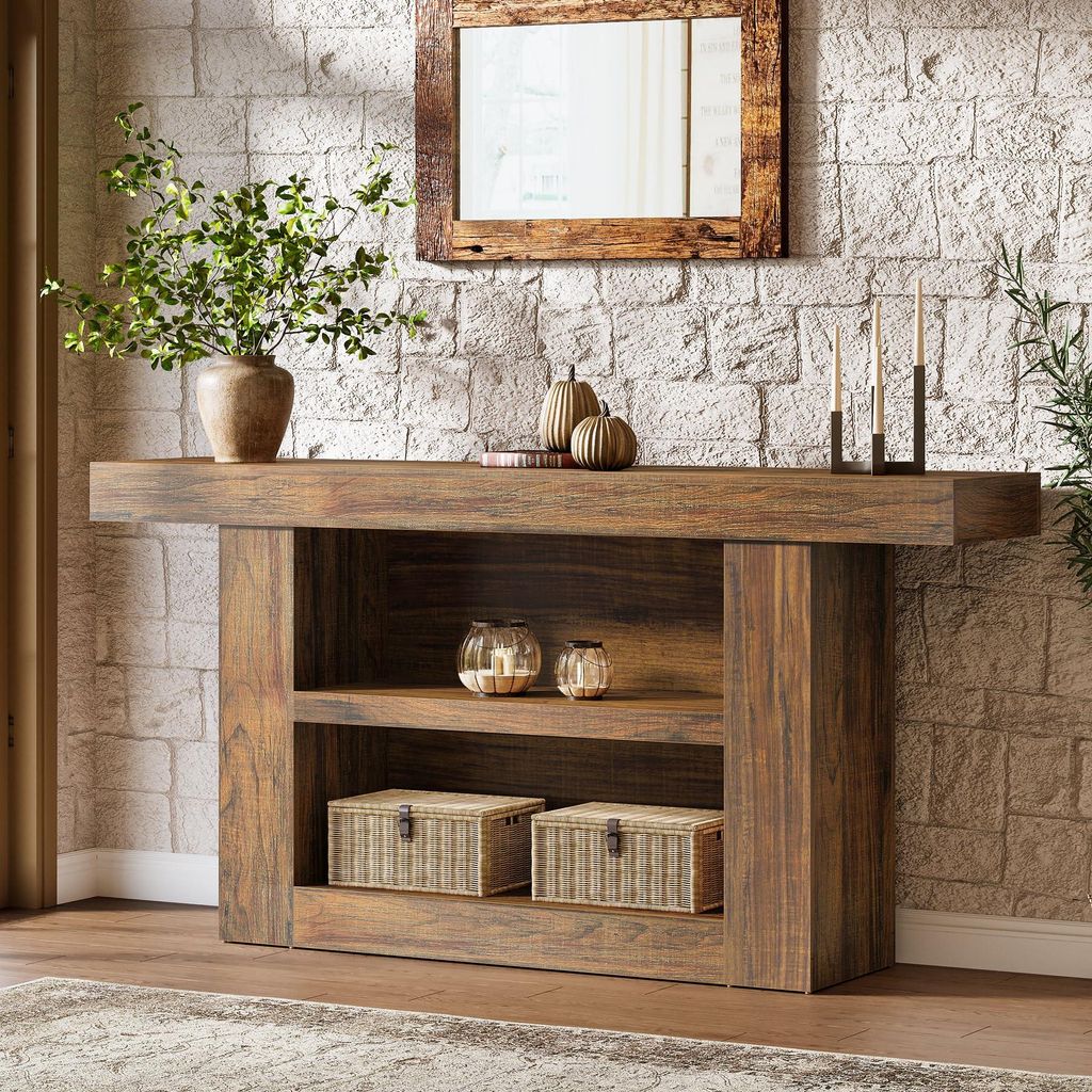 Tribesigns Konsolentisch, 160 cm, Flurtisch mit für Eingang, Schmaler Sofatisch 3 Etagen aus Holz hinter der Couch, Eingang, Flur, Wohnzimmer, Braun