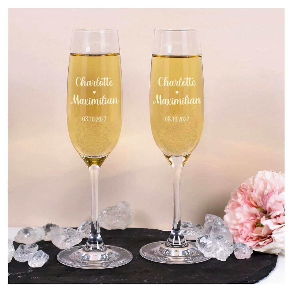 Geschenkset zur Hochzeit - Zwei Herzen, ein Versprechen - mit Sektgläsern und Geschenkbox, personalisiert
