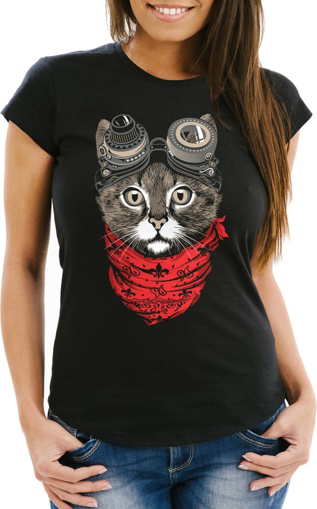 Damen T-Shirt Katze Cat Steampunk Slim Fit Moonworks schwarz M