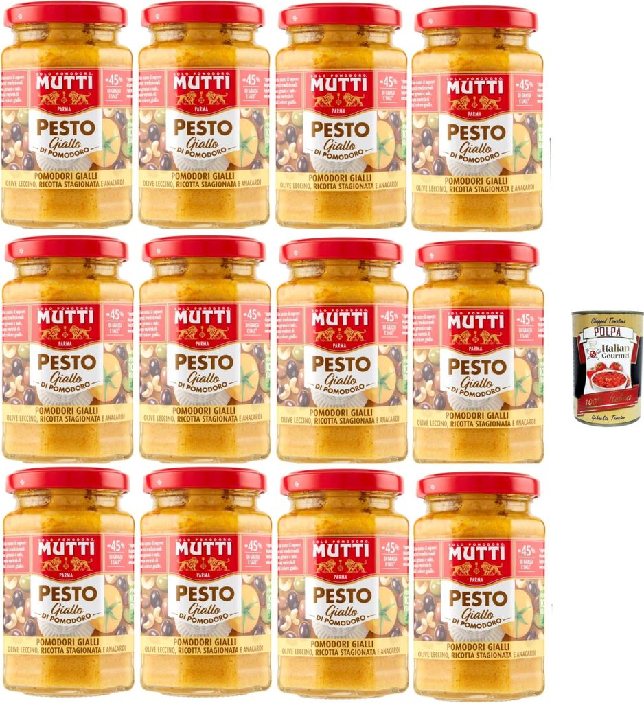 Mutti Pesto di Pomodoro giallo, Pesto mit gelben Tomaten, Oliven, erfahrener Ricotta und Anacardi 12x 190g + Italian Gourmet polpa 400g