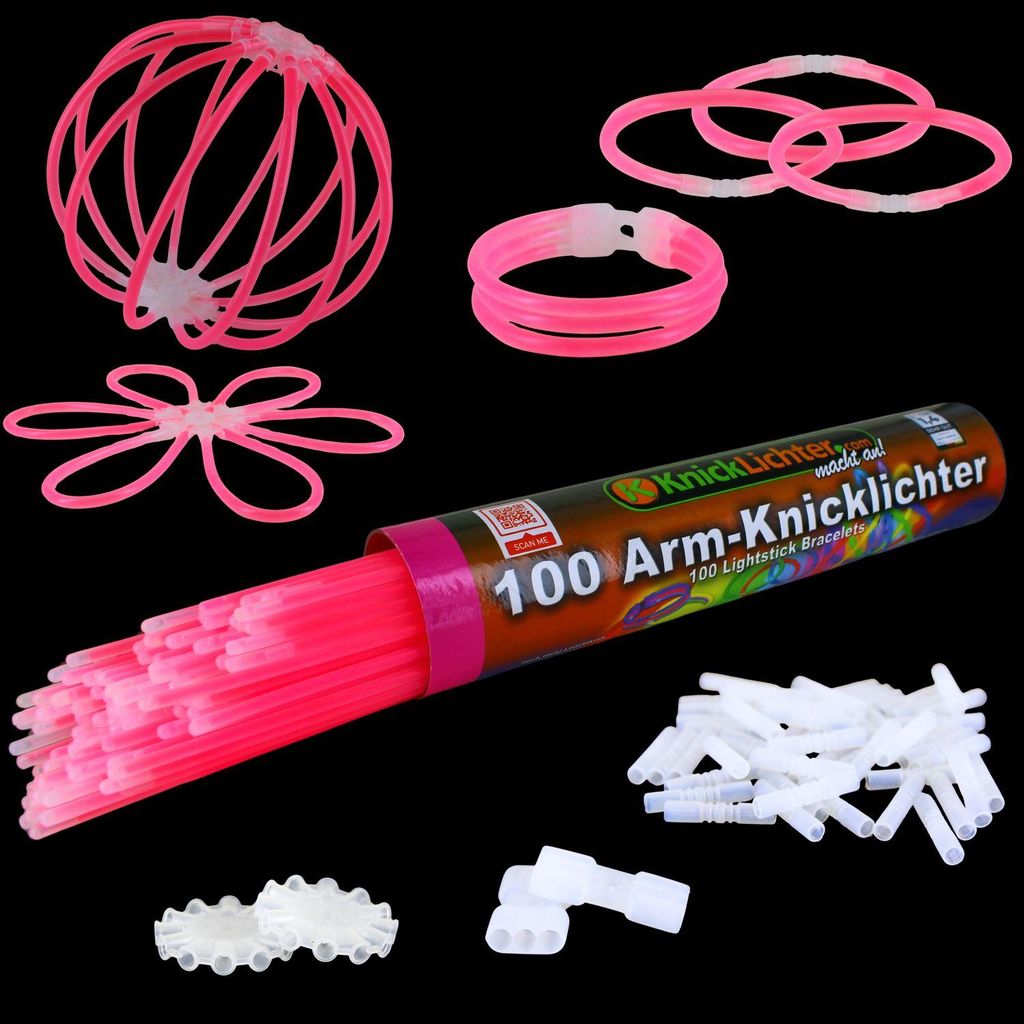 100 Arm Knicklichter Pink, Leuchtstäbe Neon Party Deko, Produktbild 
