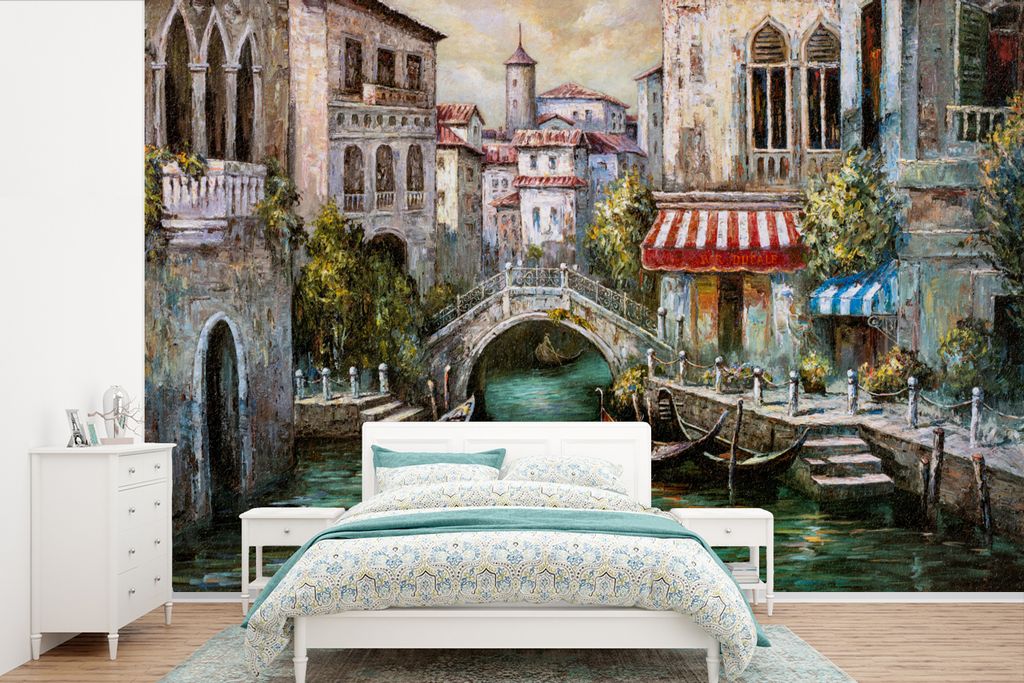 MuchoWow Fototapete für Wohnzimmer oder Schlafzimmer Wandtapete Vinyl Motivtapete Gemälde - Öl - Wasser - Graben - Italien - 450x300 cm - Gemu...