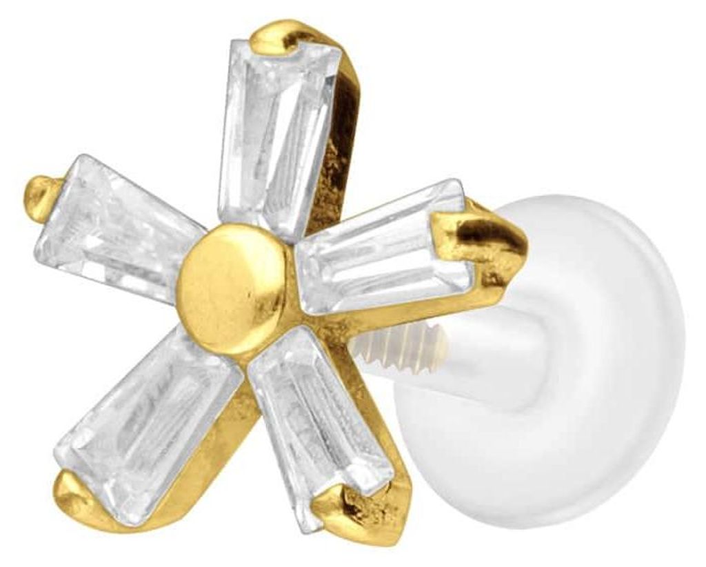 Ohrpiercing, Nasenpiercing PTFE Labret mit Innengewinde + Titan-Aufsatz KRISTALLBLUME Gold Stablänge: 5mm | Stabstärke: 1,2mm