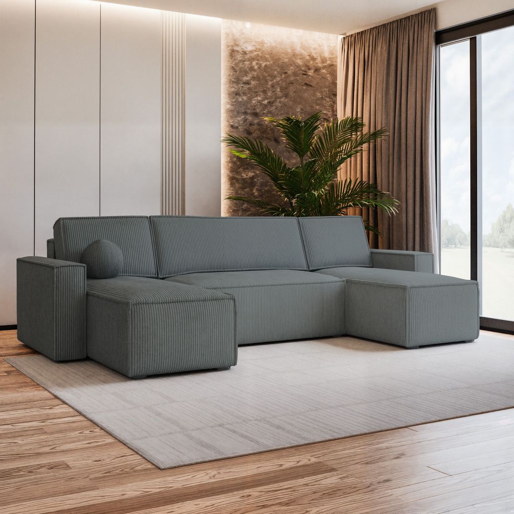 Masseno Ecksofa PESANO P mit Schlaffunktion U-Form, Sofa mit Bettkasten, Wohnzimmersofa, Couch, Soffa, Bettsofa, Couchgarnitur- Grau, POSO 60