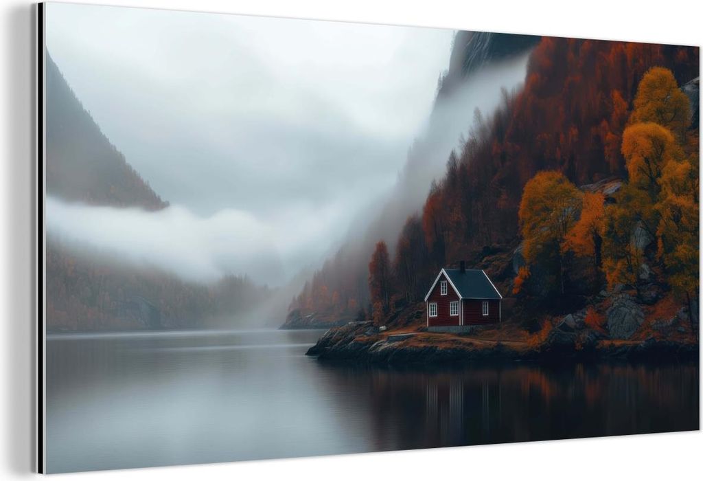 MuchoWow Wanddekoration Metall Metallbild Wandkunst 120x60 cm Haus - Rot - Berge - Wasser MuchoWow Aluminium Gemälde - Metalbilder