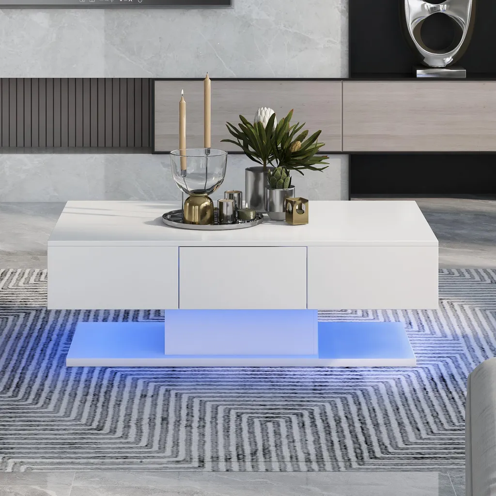 Table de salon moderne 100cm laquée blanche avec rangements doubles