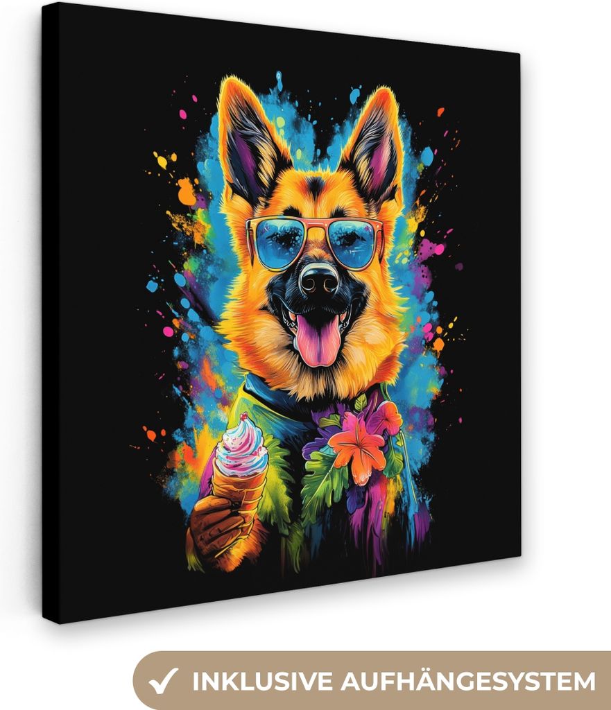 MuchoWow - Leinwandbilder - Graffiti - Sommer - Hund - Tier, Wandbild, Wanddeko Bilder Wohnzimmer, 90x90 cm