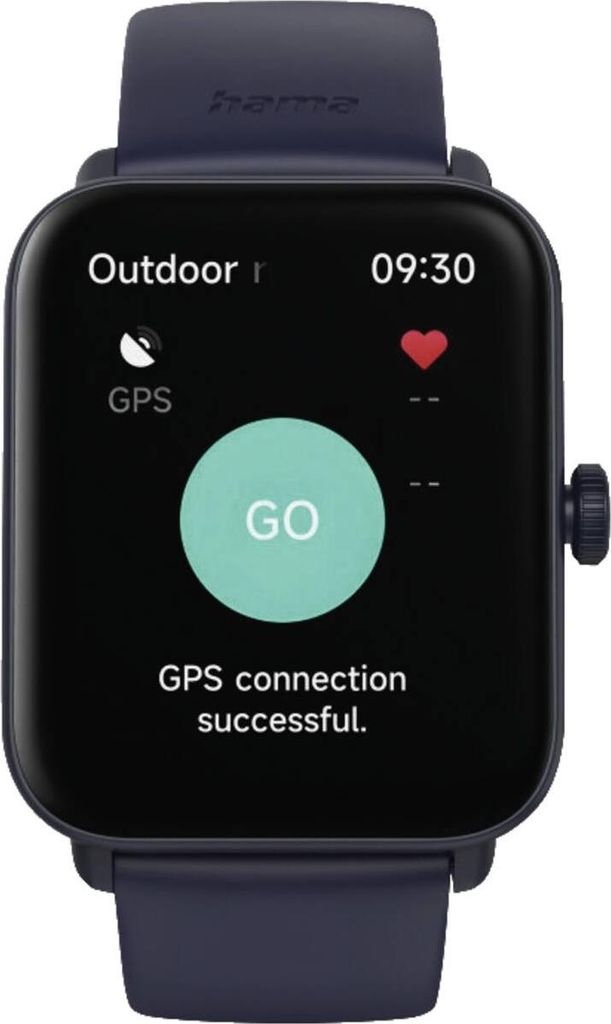 A smartwatch displaying an outdoor activity tracking screen with GPS connection status and a 'GO' button.
