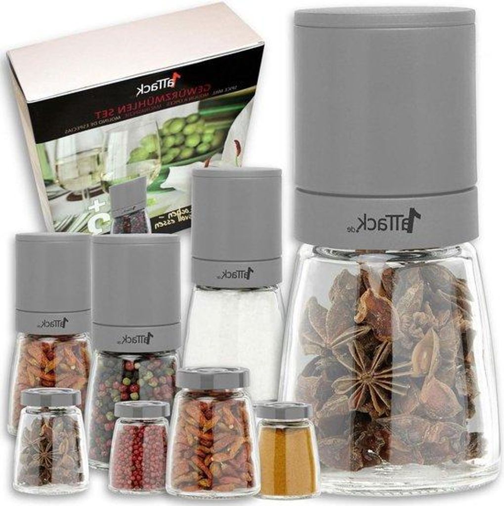 Graupenmühlen-Set - 8-teilig - Chilimühle - 4 Reservegläser - grau - 140 ml
