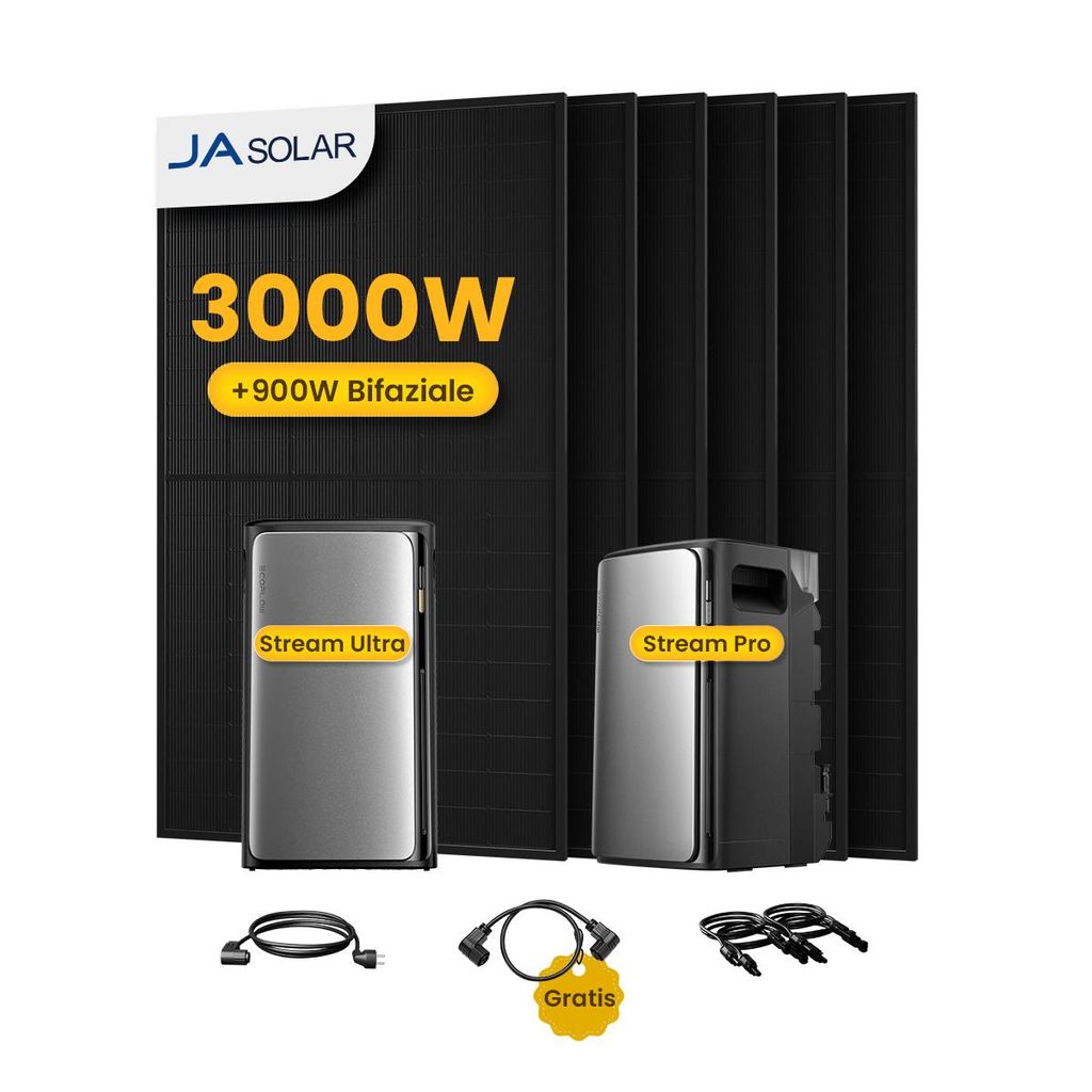 Powerness Balkonkraftwerk mit Speicher,EcoFlow STREAM Ultra 1,92 kWh(4 MPPT) mit 1x STREAM Pro 1,92 kWh(3 MPPT), 6x JA Solar 500W Module & EFParallel