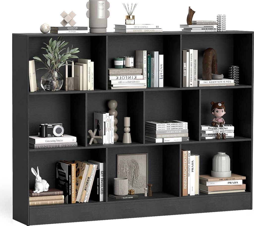 COSTWAY Bücherregal mit 10 Fächern, Standregal mit 3 Ebenen, Würfelregal, Büroregal, Aufbewahrungregal für Wohnzimmer (Schwarz,140 x 24 x 104 cm)