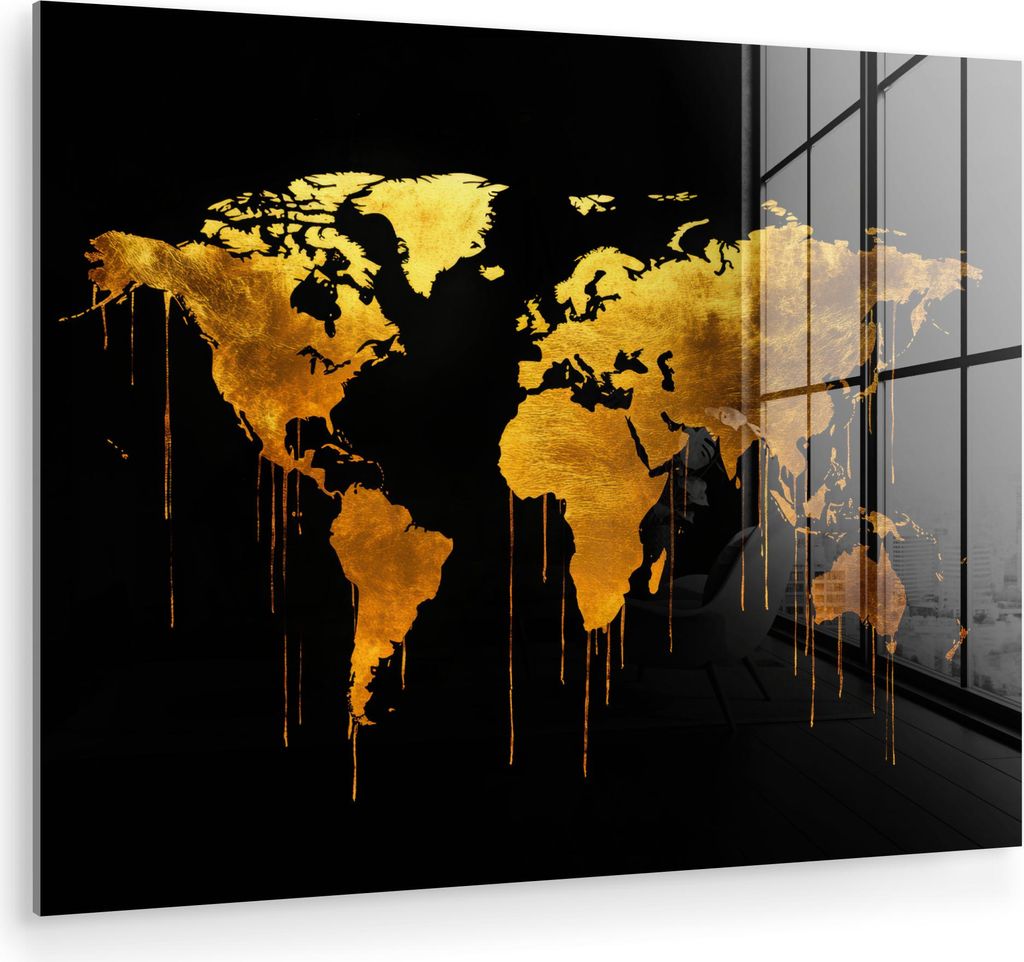 MuchoWow Glasbilder - Bilder auf Wandbild - Foto auf Glas Weltkarte - Gold - Tropfend - Schwarz 40x30 cm Wanddekoration aus Glas - Acrylglasbild - ...