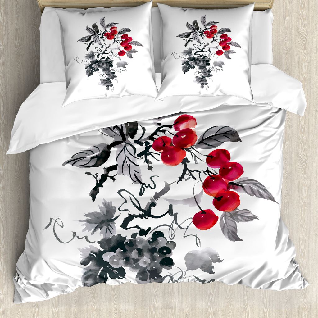 ABAKUHAUS Eberesche Bettbezugs Set Für Doppelbetten, Ländliches natürliches Laub, Milbensicher Allergiker geeignet mit Kissenbezügen, Schwarz G...