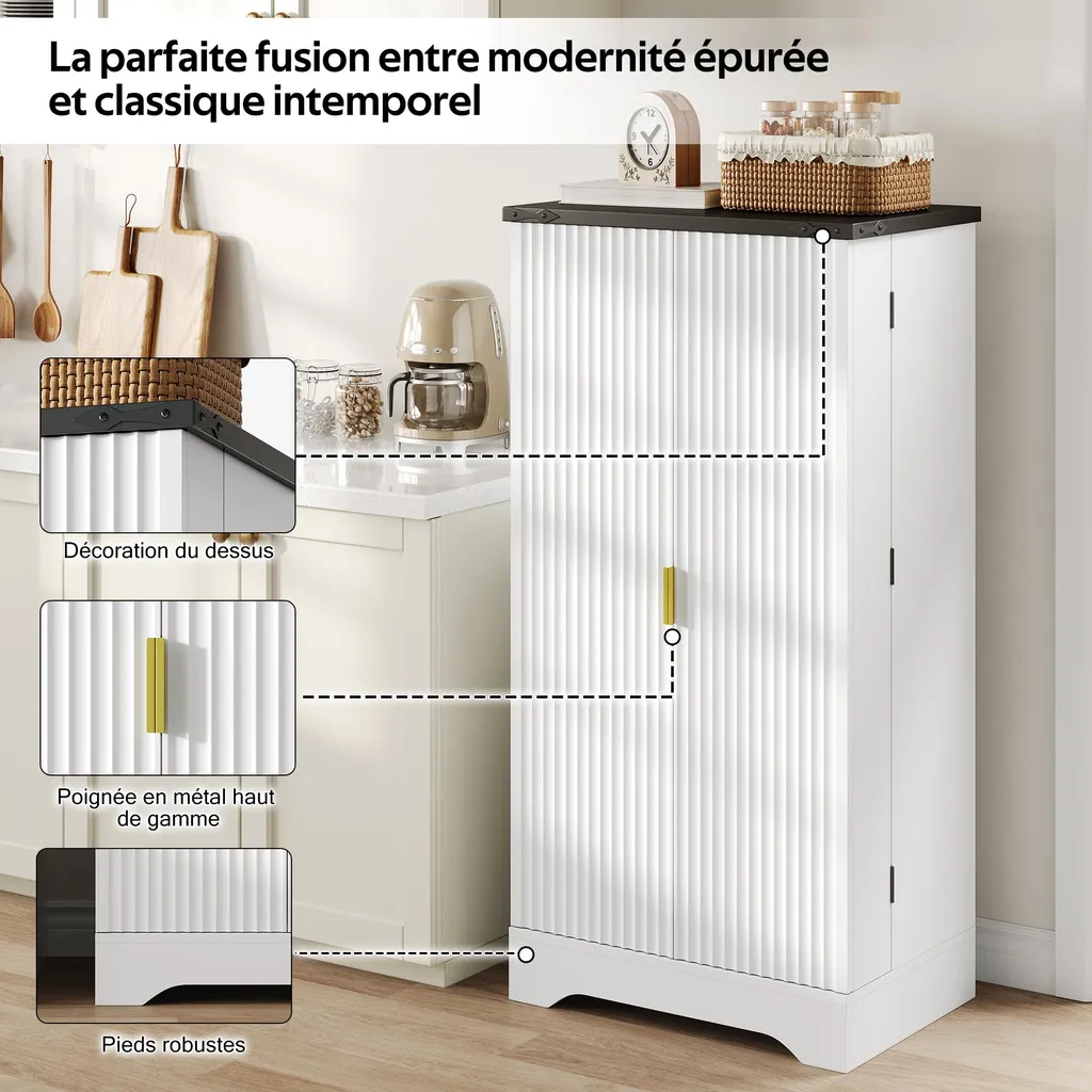 Buffet Cuisine Blanc avec Étagères Réglables et Détails Dorés Chic - 7