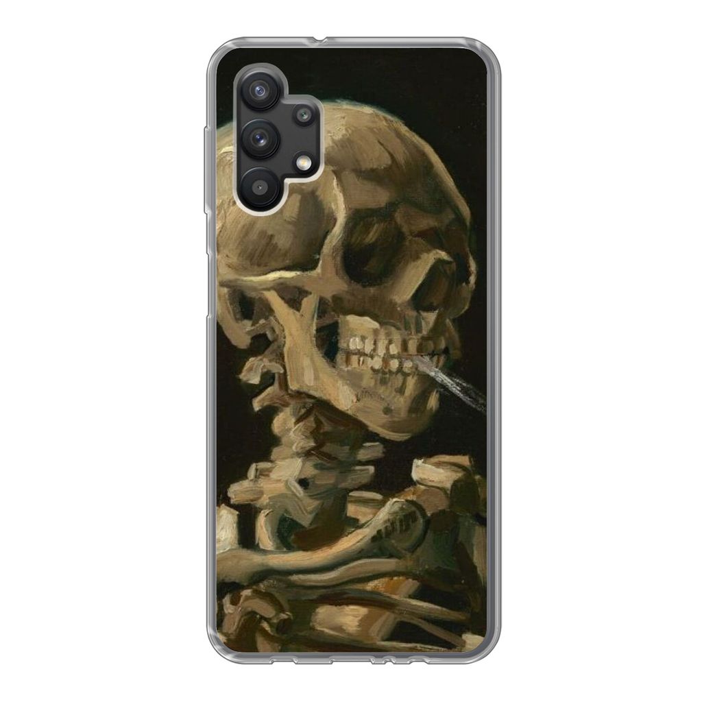 MuchoWow Handyhülle Schutzhülle Hülle für Samsung Galaxy A32 5G Skelettkopf mit brennender Zigarette - Vincent van Gogh Silikon Softcase Hand...