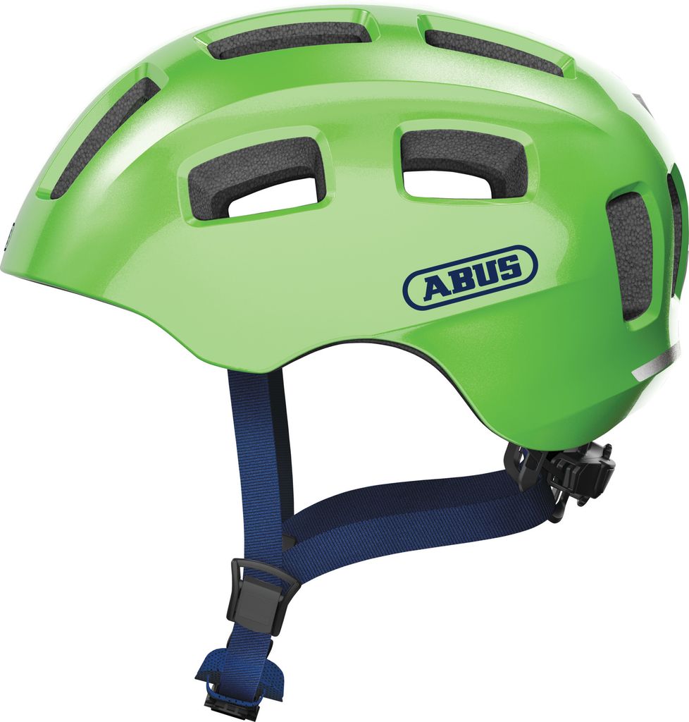 ABUS Fahrradhelm Youn-I 2.0 M Grün funkelnd mit Licht und Produktbild 