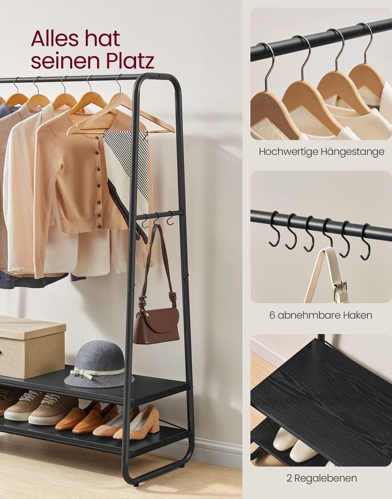 VASAGLE Kleiderständer 2 Ablagen 6 Haken Stahlgestell Produktbild 6